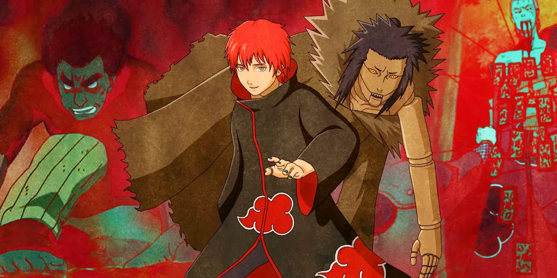 Might Guy, Sasori with a puppet, and Hidan in Shikamaru's trap from anime Naruto