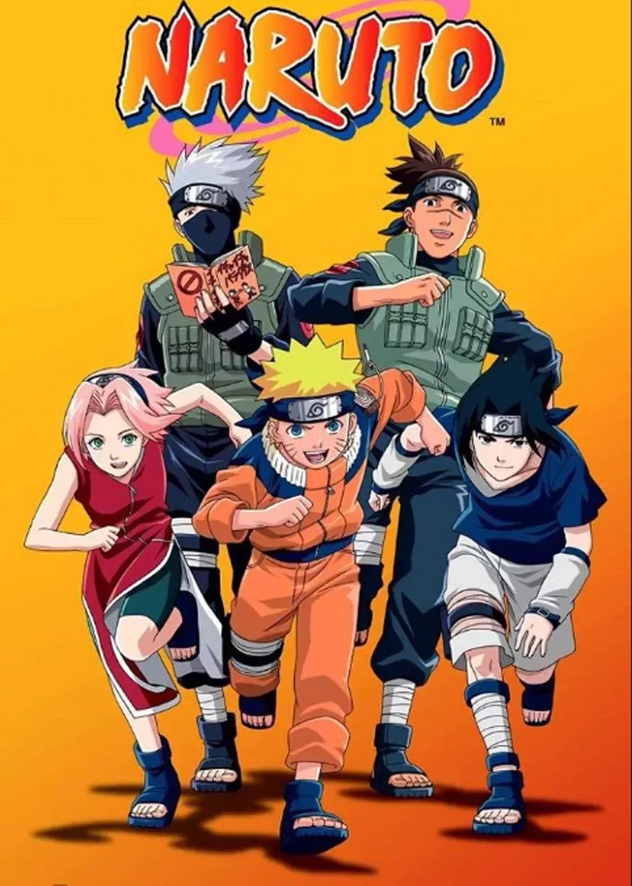 Sakura, Naruto, Sasuke, Kakashi sensei and Iruka sensei posing on Naruto Anime cover