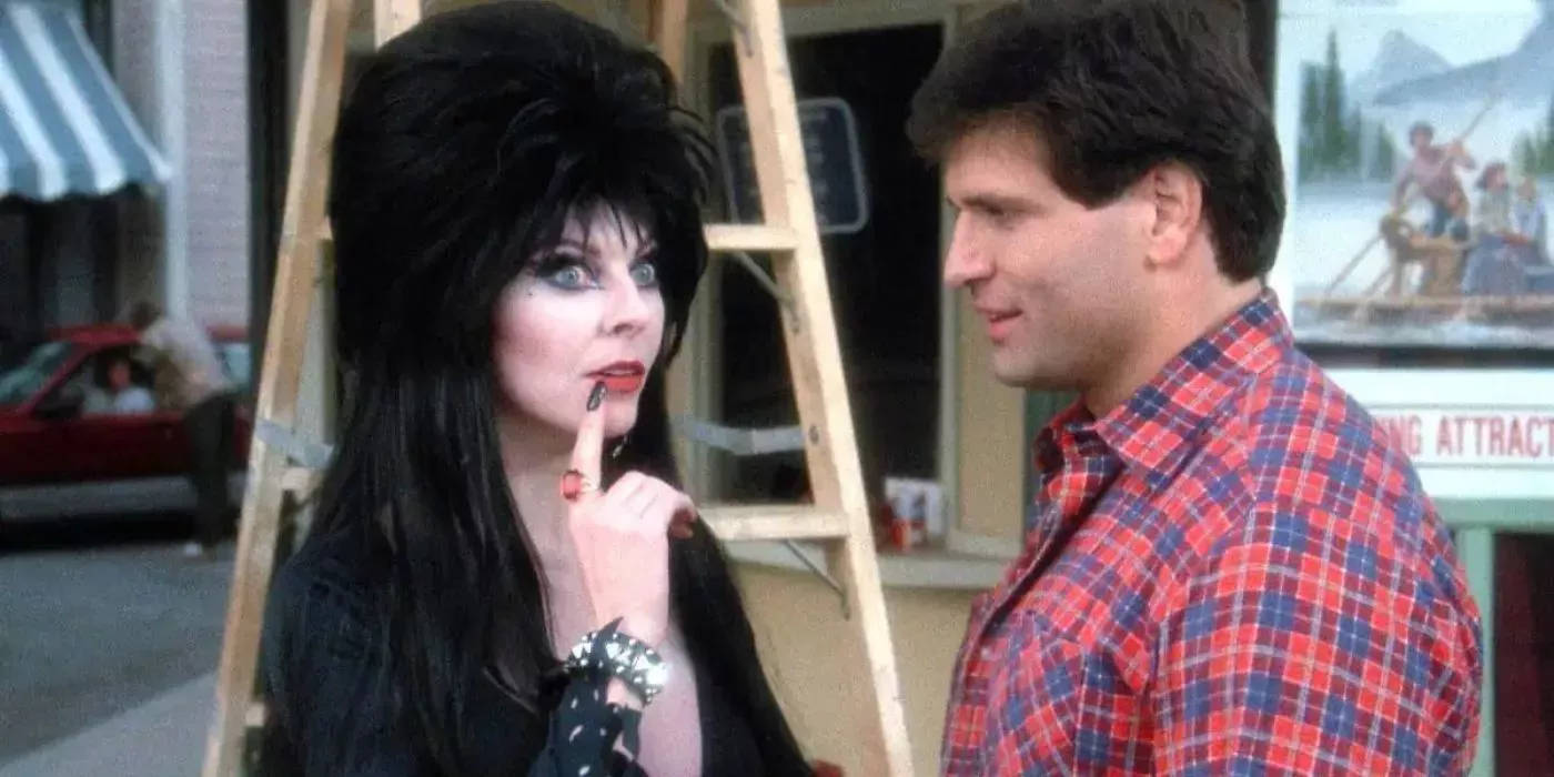 Elvira (Cassandra Peterson) stops to think in 1988's Elvira: Mistress of the Dark