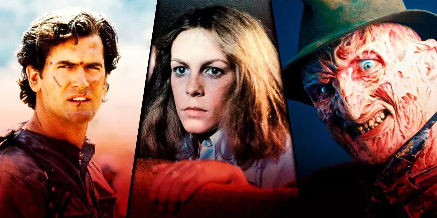 A split image of Ash Williams in Evil Dead, Laurie Strode in Halloween and Freddy Krueger in Nightmare on Elm Street