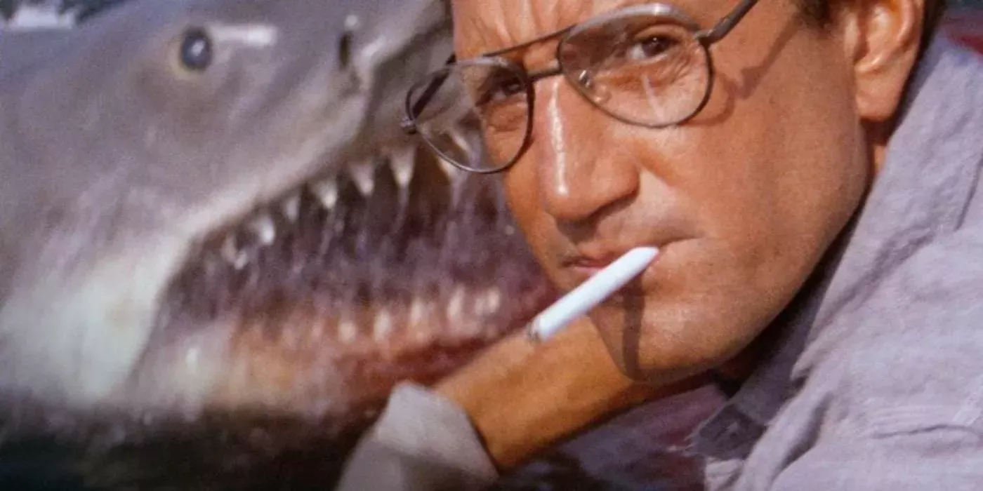 The great white shark appearing behind Martin Brody in Jaws 
