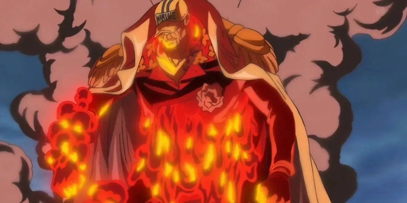 Akainu Transforming his body into magma in One Piece.