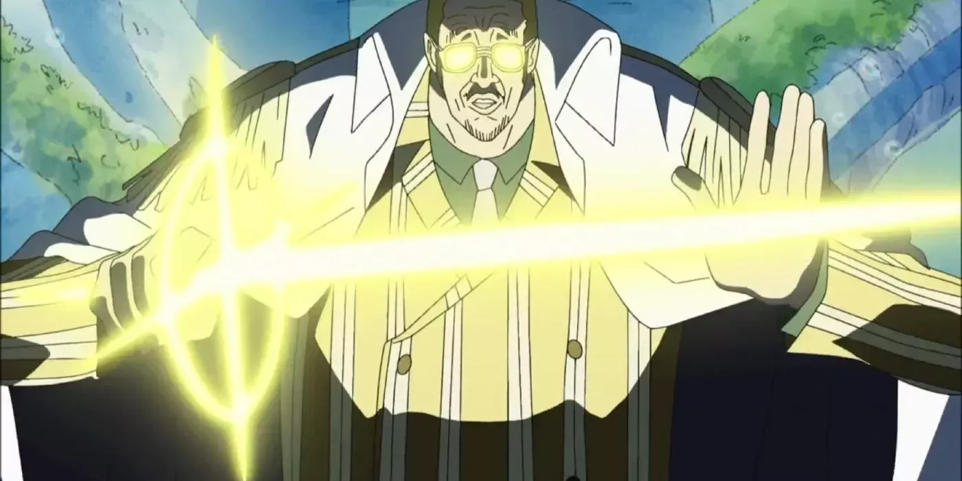 Kizaru wielding a sword of light during his fight with Silvers Rayleigh.