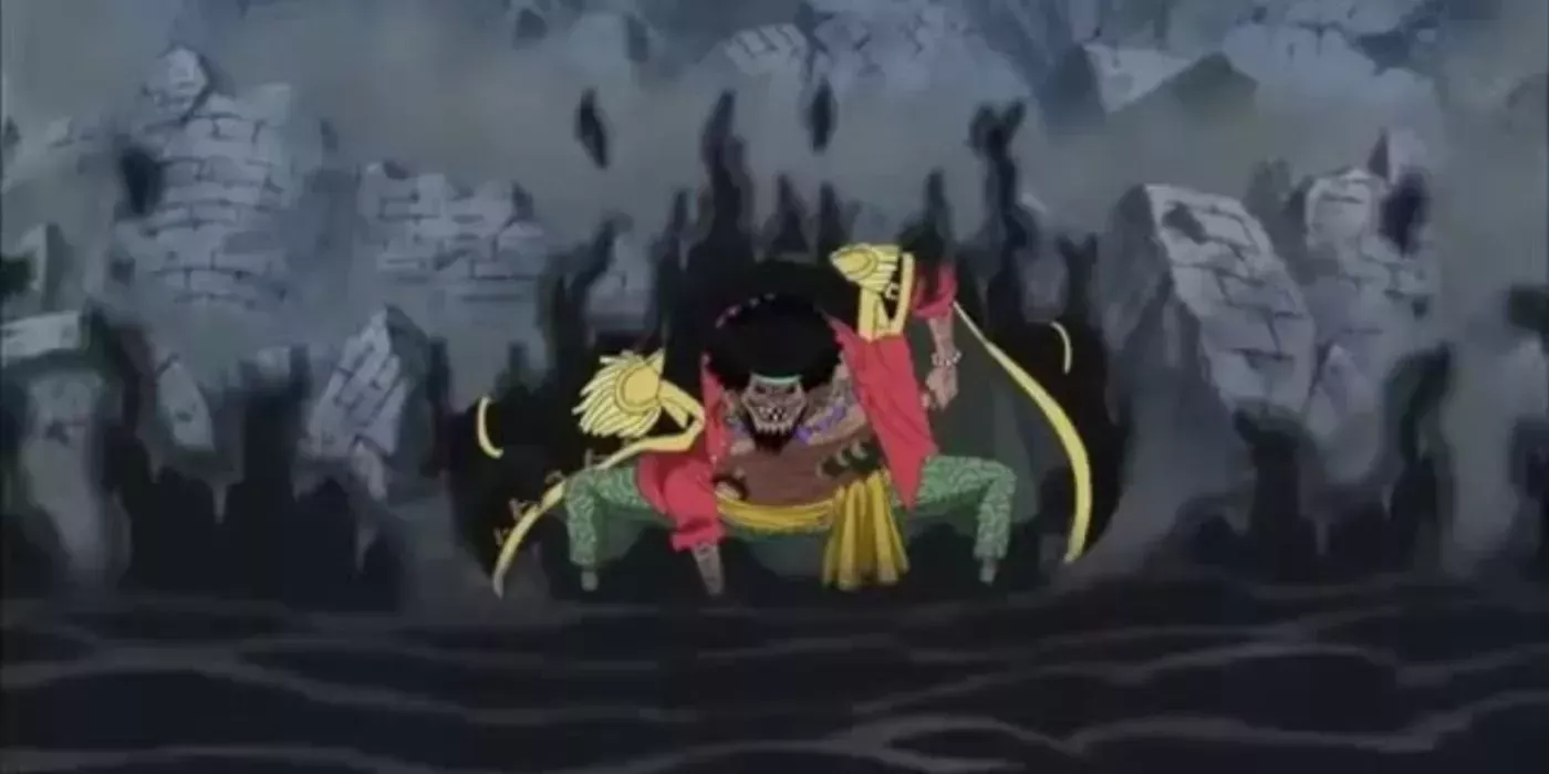 Blackbeard creates a pool of darkness with the Dark-Dark Fruit at Marineford in One Piece
