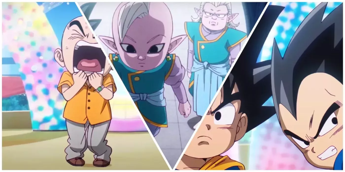 Krillin, Shin and Kibito, and Goku and Vegeta from Dragon Ball Daima.