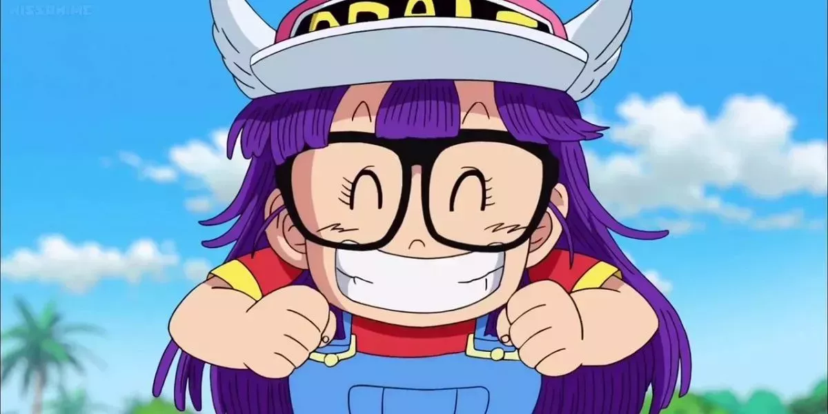 Arale Norimaki smiles in excitement in Dragon Ball Super.