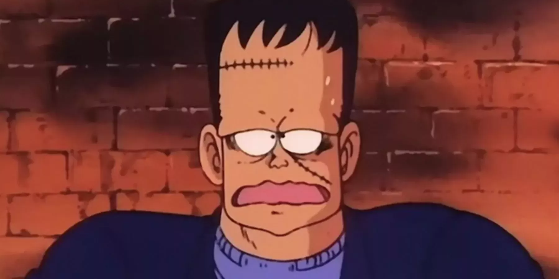 Android 8 with a worried and confused expression on his face in Dragon Ball.