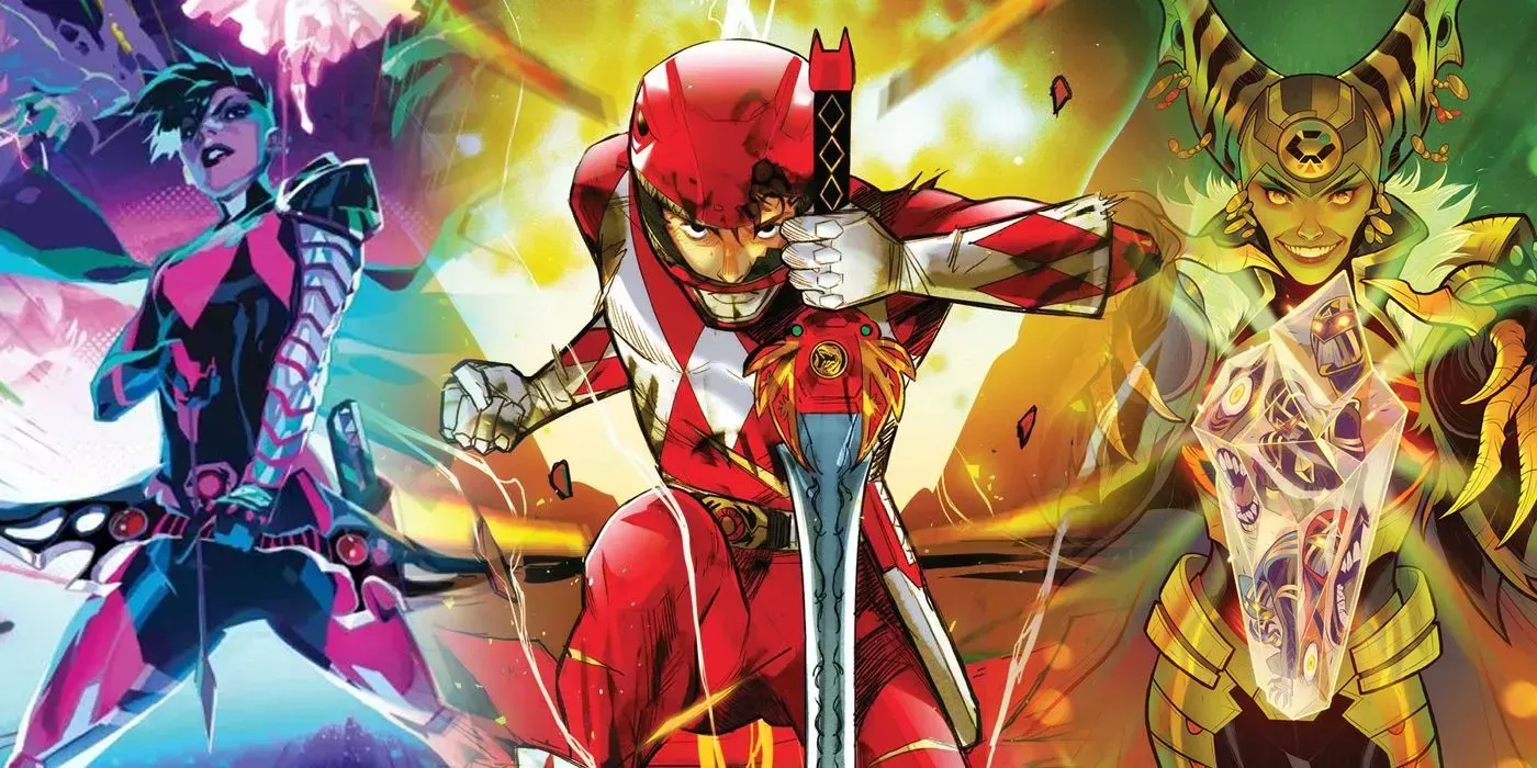 Split image of the Ranger Slayer, a battle-damaged Red Ranger, and Rita Repulsa from Power Rangers comics