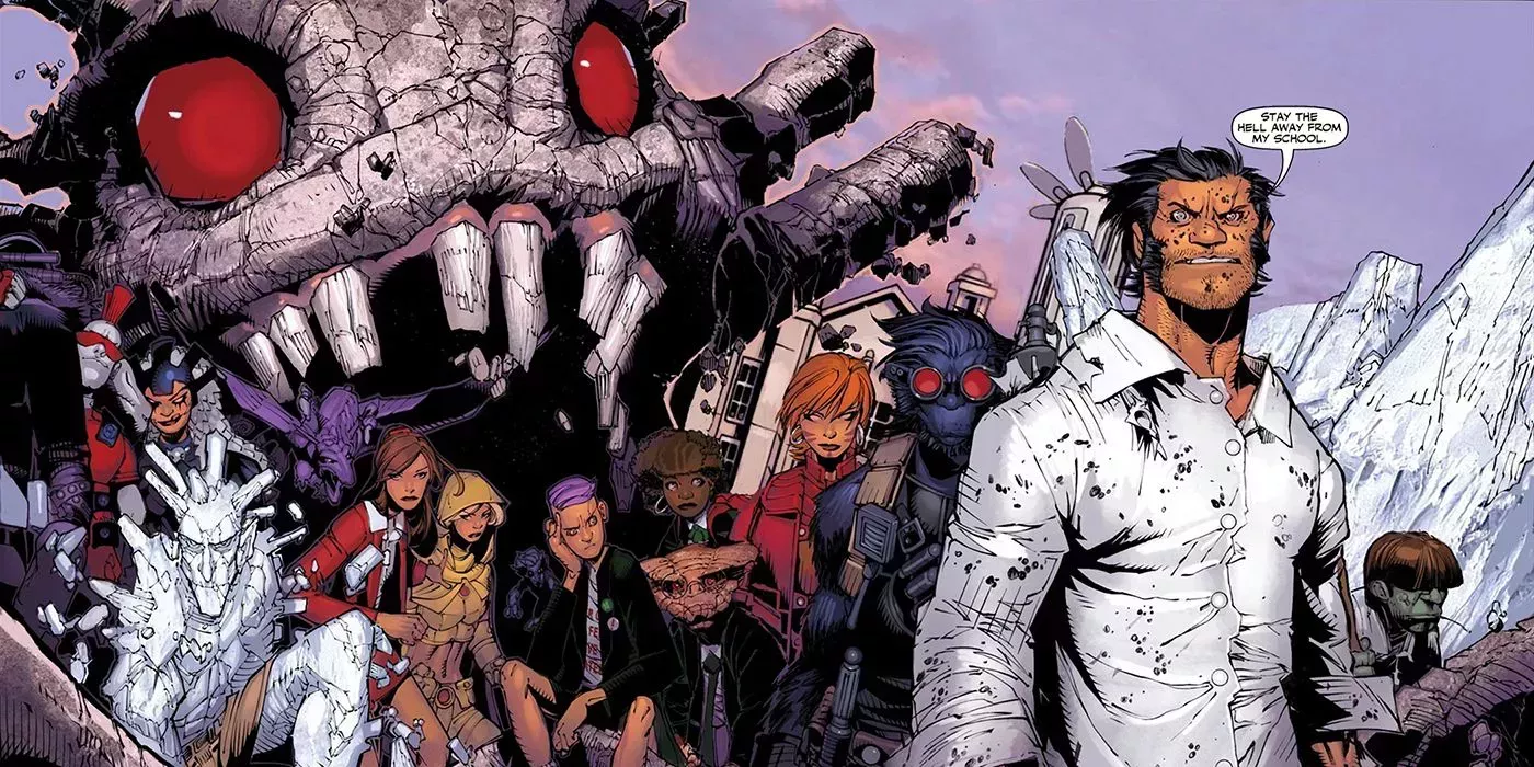 Wolverine and the X-Men standing in front of Krakoa in Marvel Comics