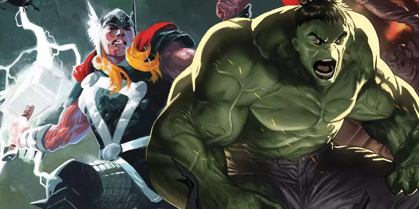 Thor coming up behind a raging Hulk with lightning crackling around Mjolnir