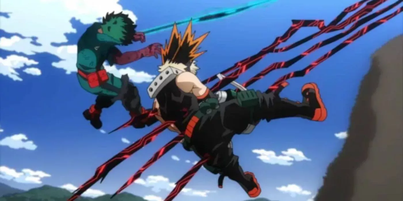 Bakugo gets impaled by Shigaraki’s attack to protect Deku. 