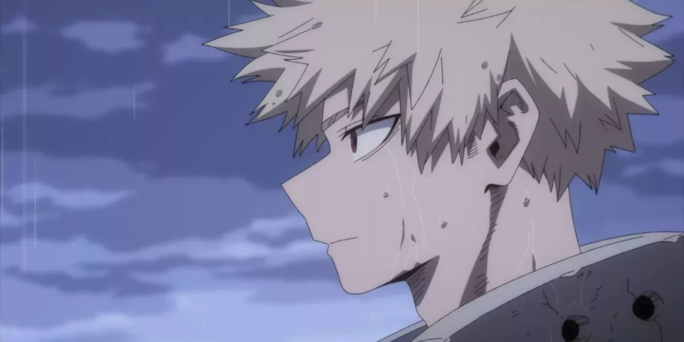 Profile of Katsuki Bakugo apologizing to Deku in the rain. 