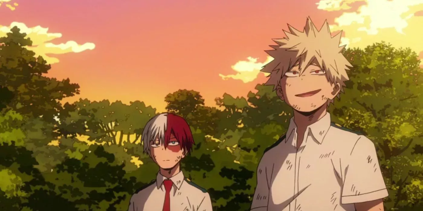 Shoto Todoroki looking judgmentally at Bakugo who is smiling calmly after seeing Midoriya get kicked in the groin. 