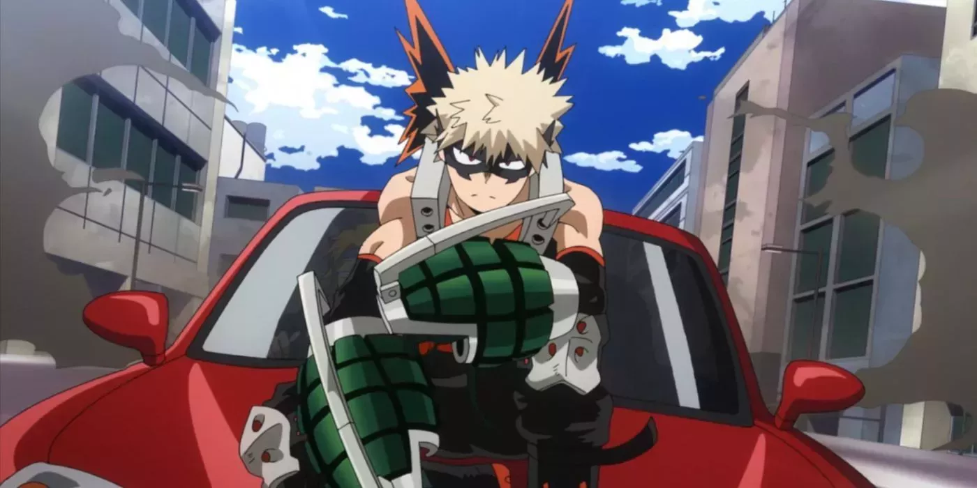Katsuki Bakugo riding a car in My Hero Academia.
