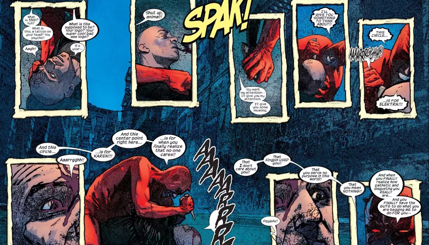 Daredevil beating Bullseye into the ground before carving the villain's own insignia into his forehead