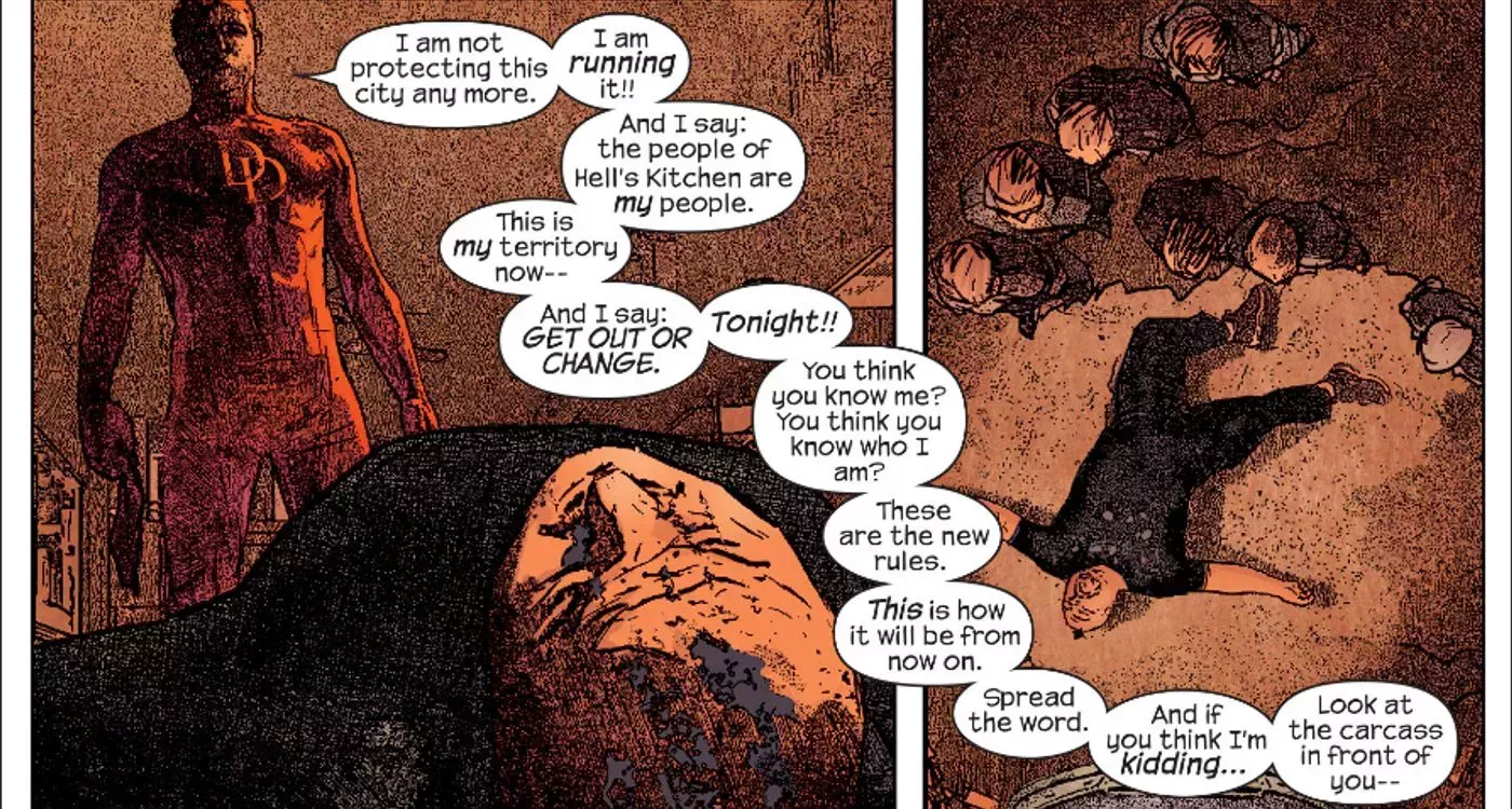 Daredevil declaring himself the new Kingpin after nearly beating Wilson Fisk to death