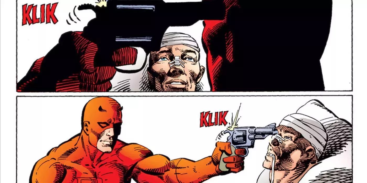 Daredevil forcing a paralyzed Bullseye to play Russian Roulette with him