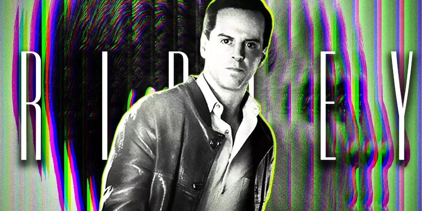 Andrew Scott as Tom Ripley in front of Netflix's Ripley show logo with waves