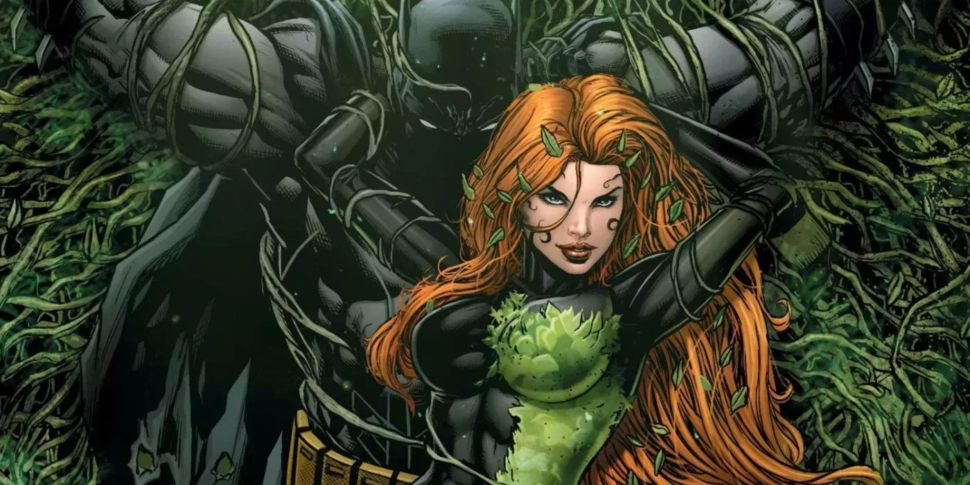 Poison Ivy trapping Batman in swathes of vines in DC Comics.