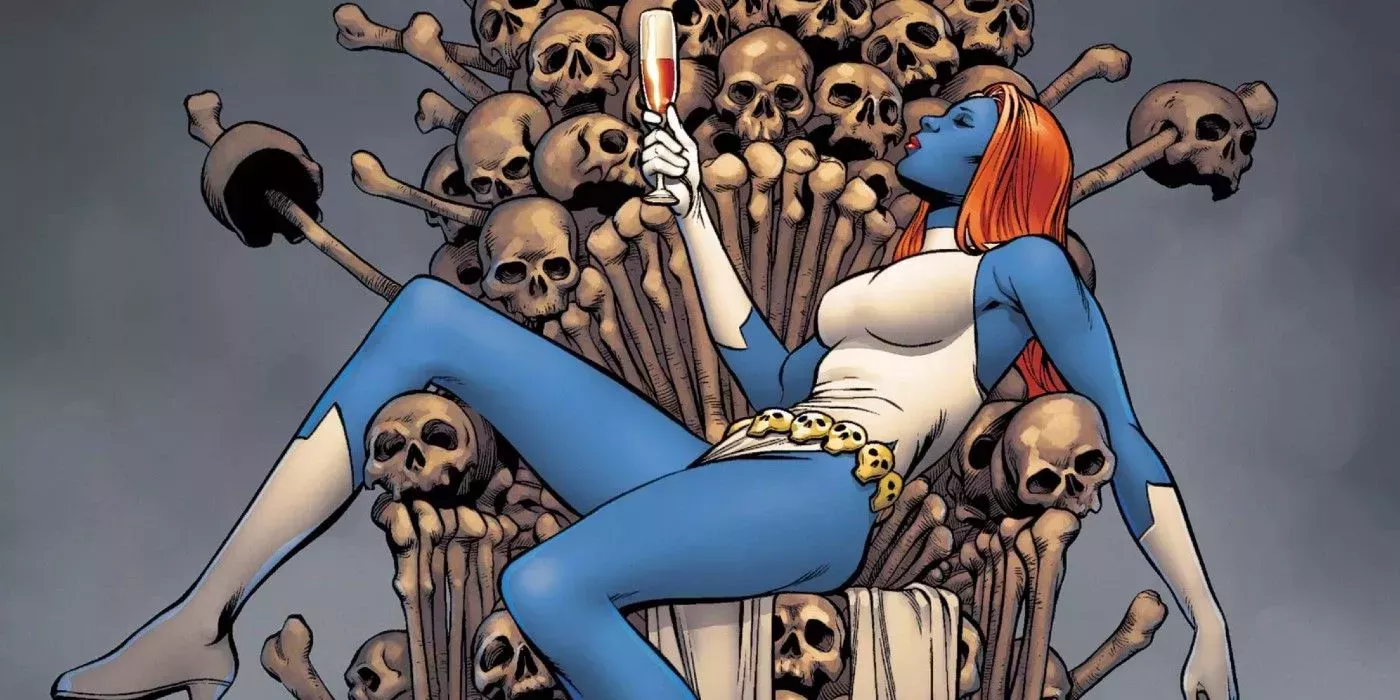Mystique Holding A Glass Of Wine While Sitting On A Throne Made Of Skulls And Bones