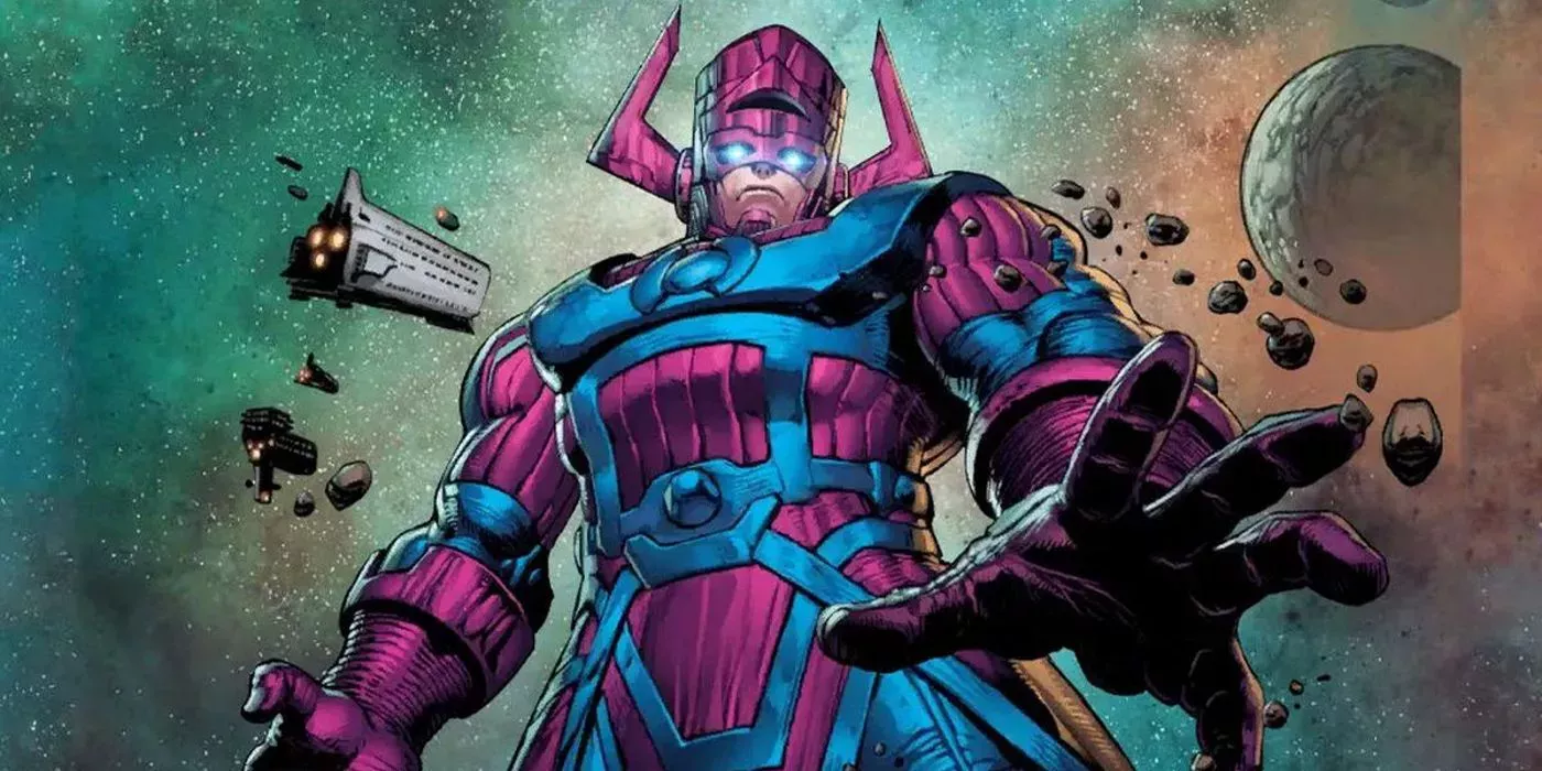 Galactus towering over various ships in outer space in Marvel Comics