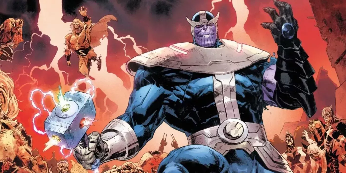 Thanos wearing a gauntlet with the Black Infinity Stone in it and holding Mjolnir which houses the rest