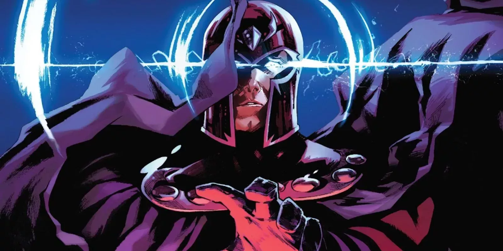 Magneto hovers and his eyes gleam beneath his helmet in the Trial of Magneto