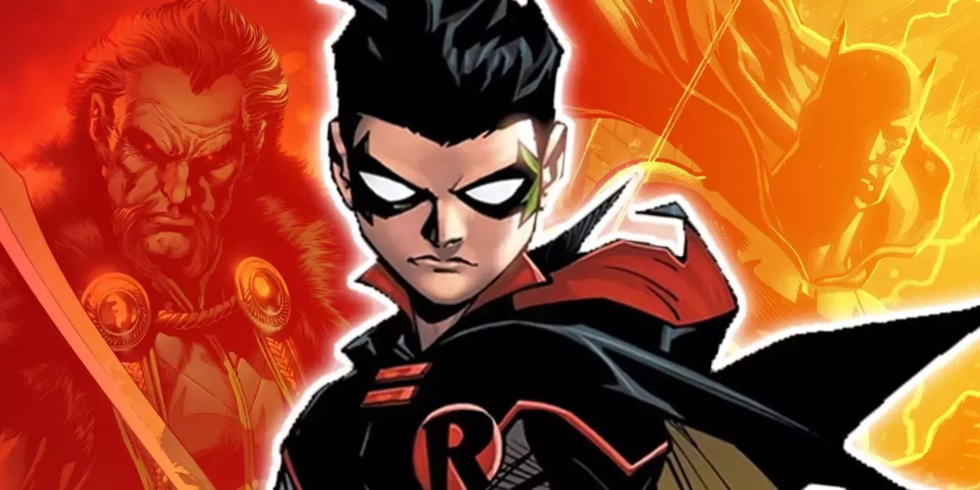 Damian Wayne as Robin with Ra's al Ghul and Batman from DC Comics in the background