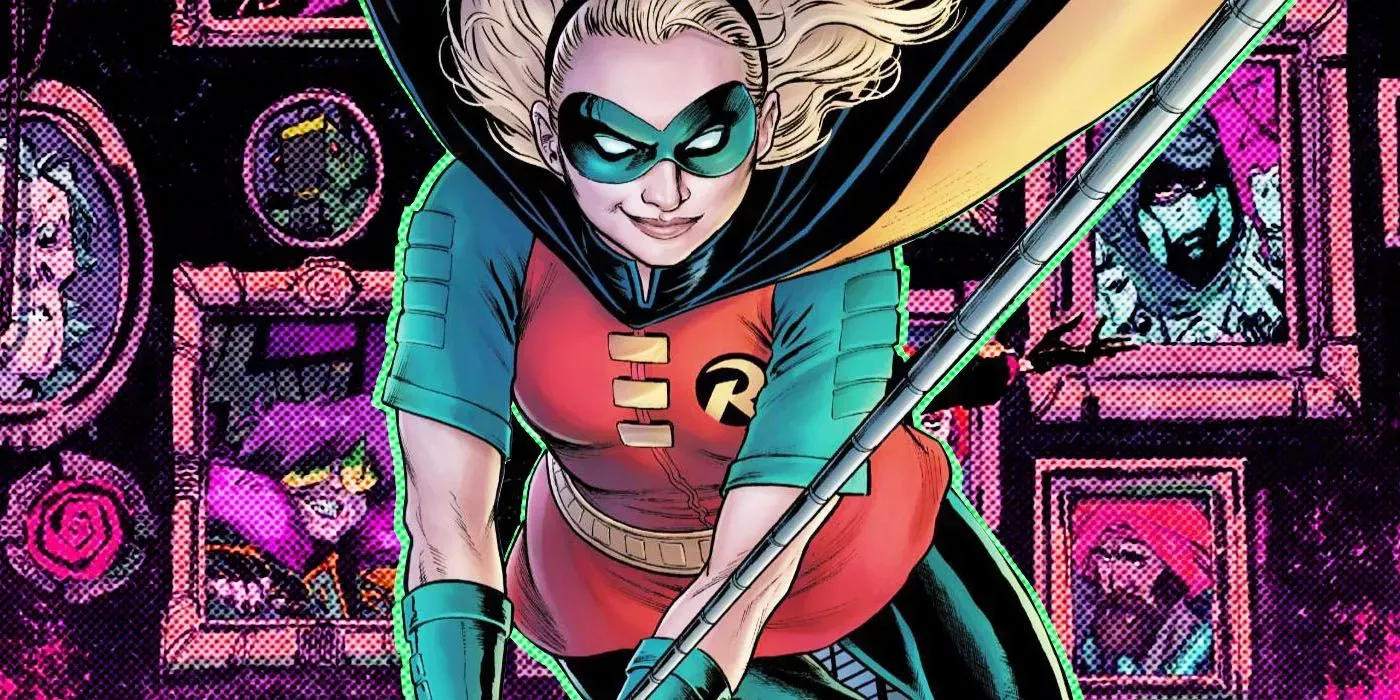 stephanie brown as robin swinging towards the viewer in DC Comics