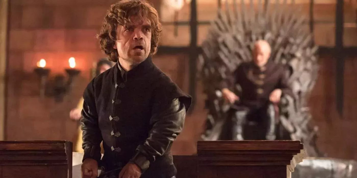 Tyrion arguing at his trial while his father watches in the background from Game of Thrones