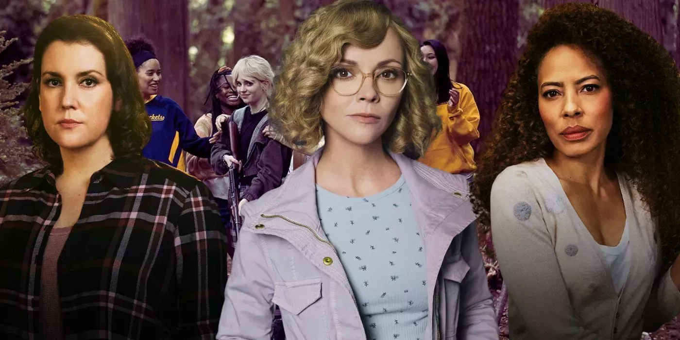 Collage of adults Shauna, Misty, and Taissa in with the girls of Yellowjackets in the background