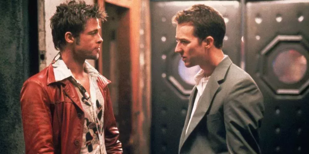 Tyler Durden looks at the Narrator in Fight Club