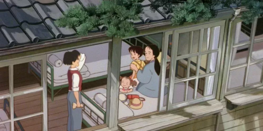 The family in My Neighbor Totoro visiting their mother at the hospital