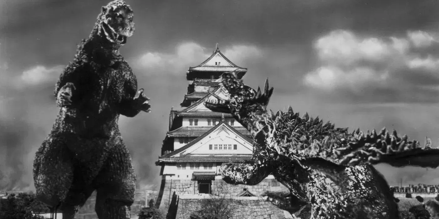 Godzilla vs Anguirus in front of a temple
