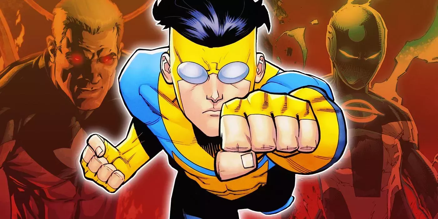 Invincible flying with Irredeemable's Plutonian and Radiant Black in the background