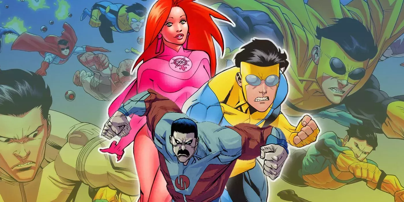 Collage of Invincible, Atom Eve and Thragg with multiversal Invincibles in the background