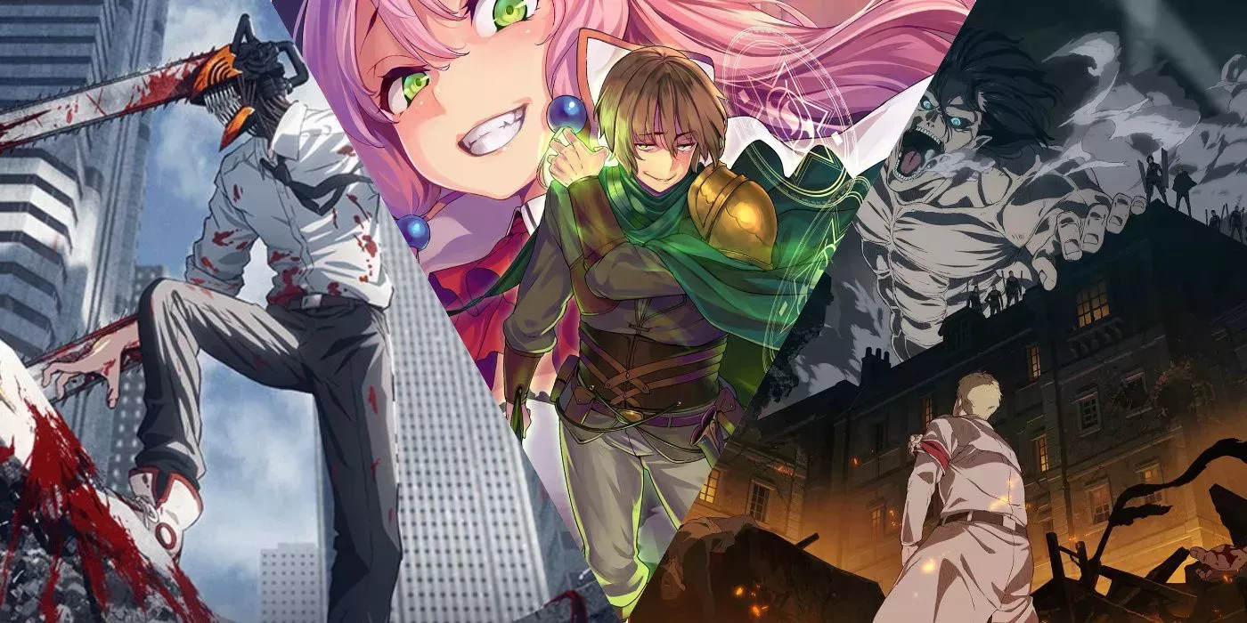 Split image of Denji in his Chainsaw Man form, Redo of Healer's Keyaru using magic with Flare grinning evilly in the background, and Reiner looking up at Eren in his titan for in Attack on Titan The Final Season