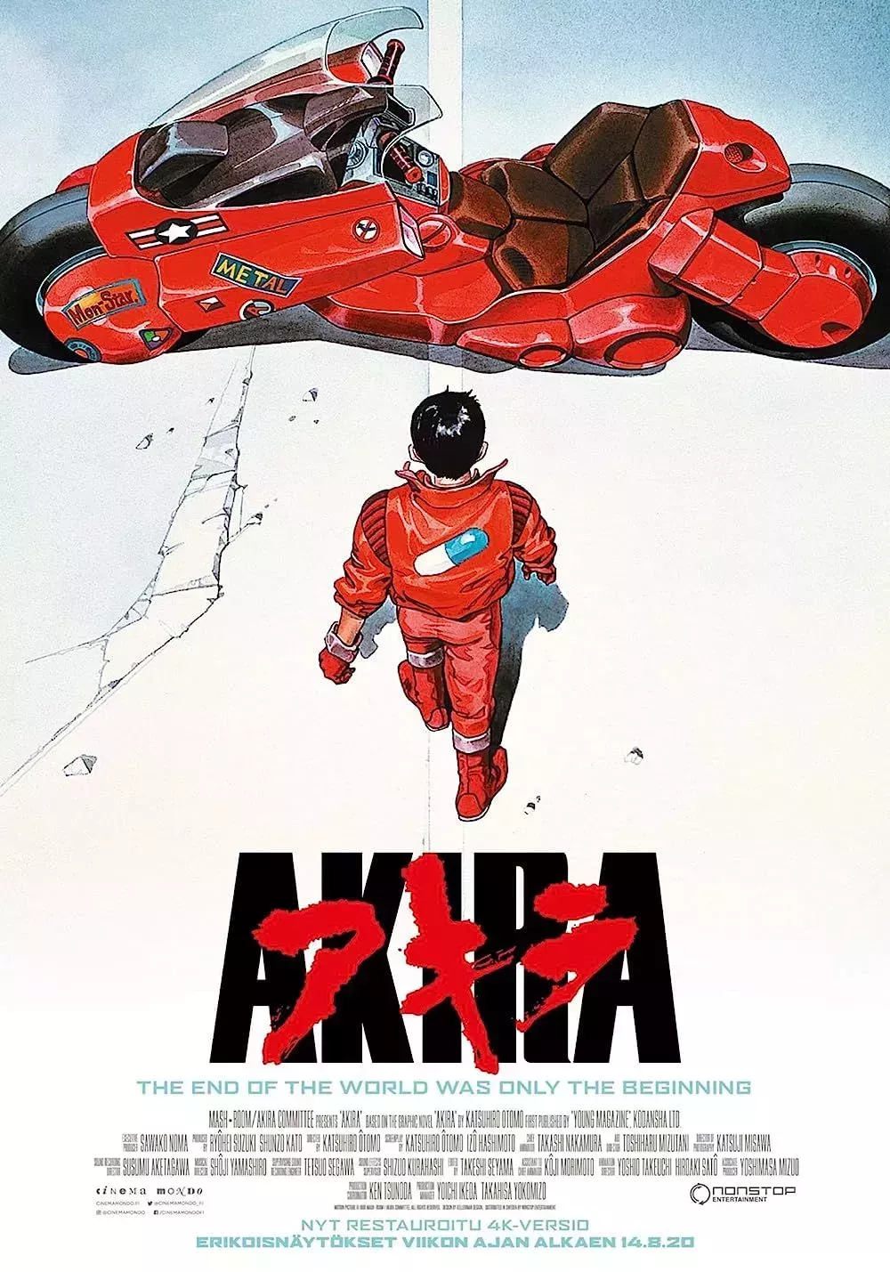 Akira walks toward a red motorcycle on the cover of the Akira (1988) poster