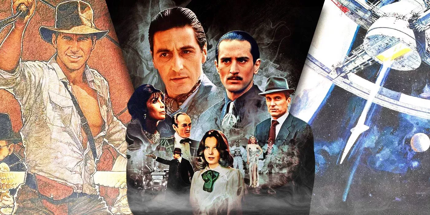 A collage of Indiana Jones Raiders of The Lost Ark, Godfather Part 2, 2001 Space Odyssey