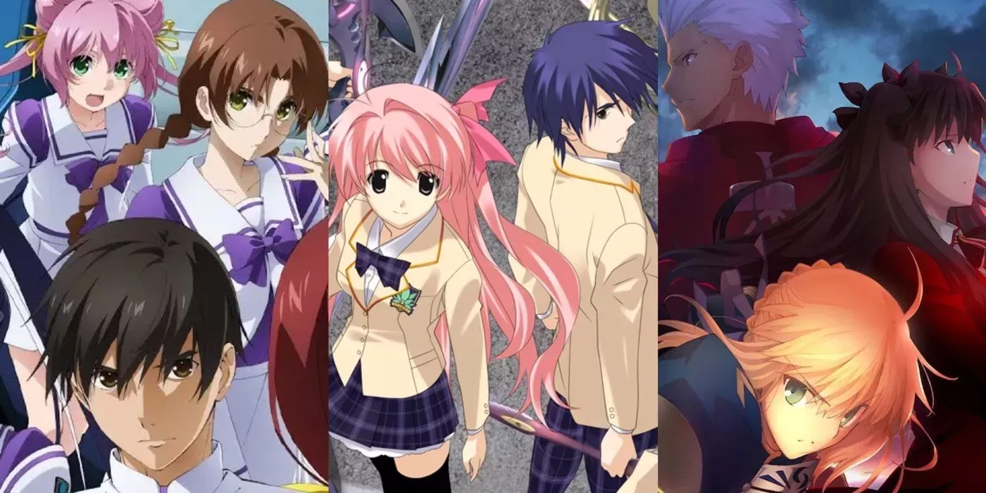 Fate/Stay Night, Muv-Luv Alternative, and Chaos;Head - anime split image of characters.