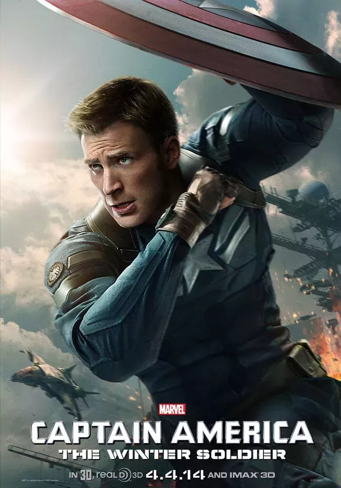 Captain America swinging in with his shield in The Winter Soldier