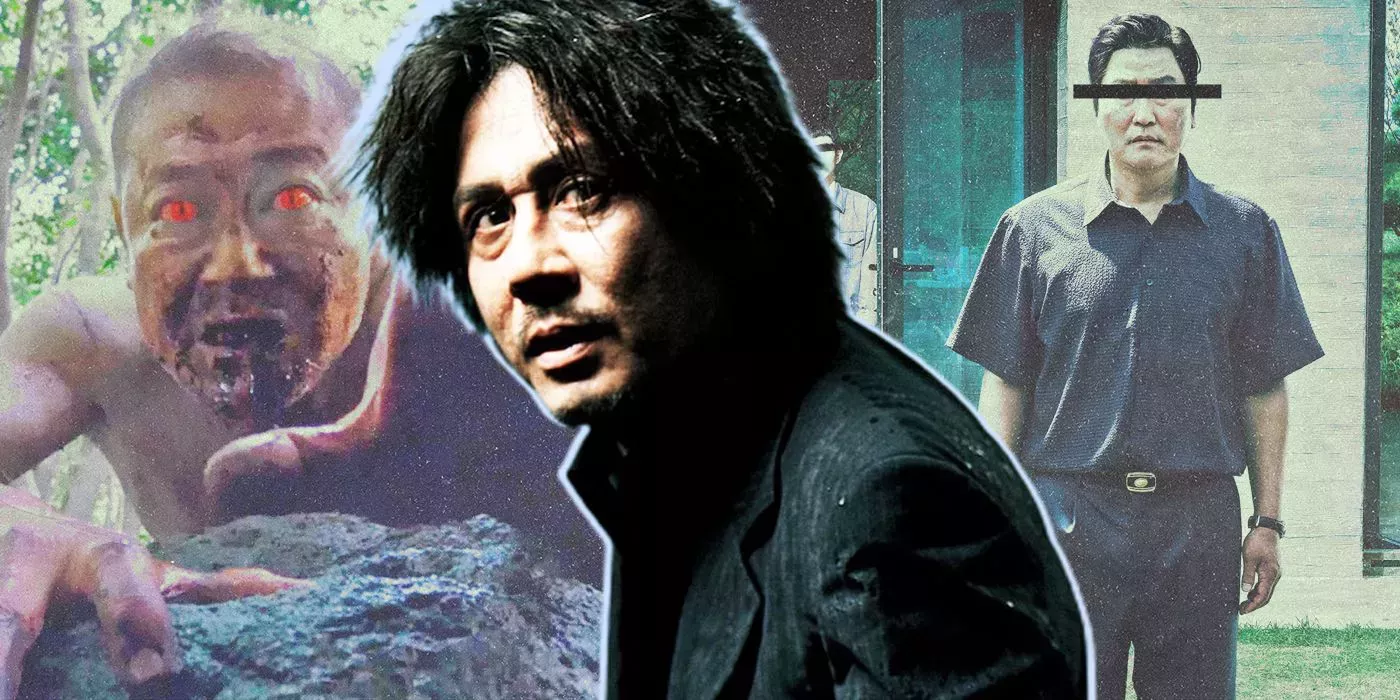 Oldboy's Oh Dae-su in front of images from The Wailling and Parasite