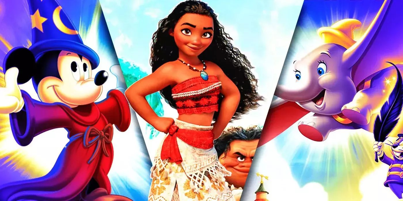 Split Images of Fantasia, Moana, and Dumbo
