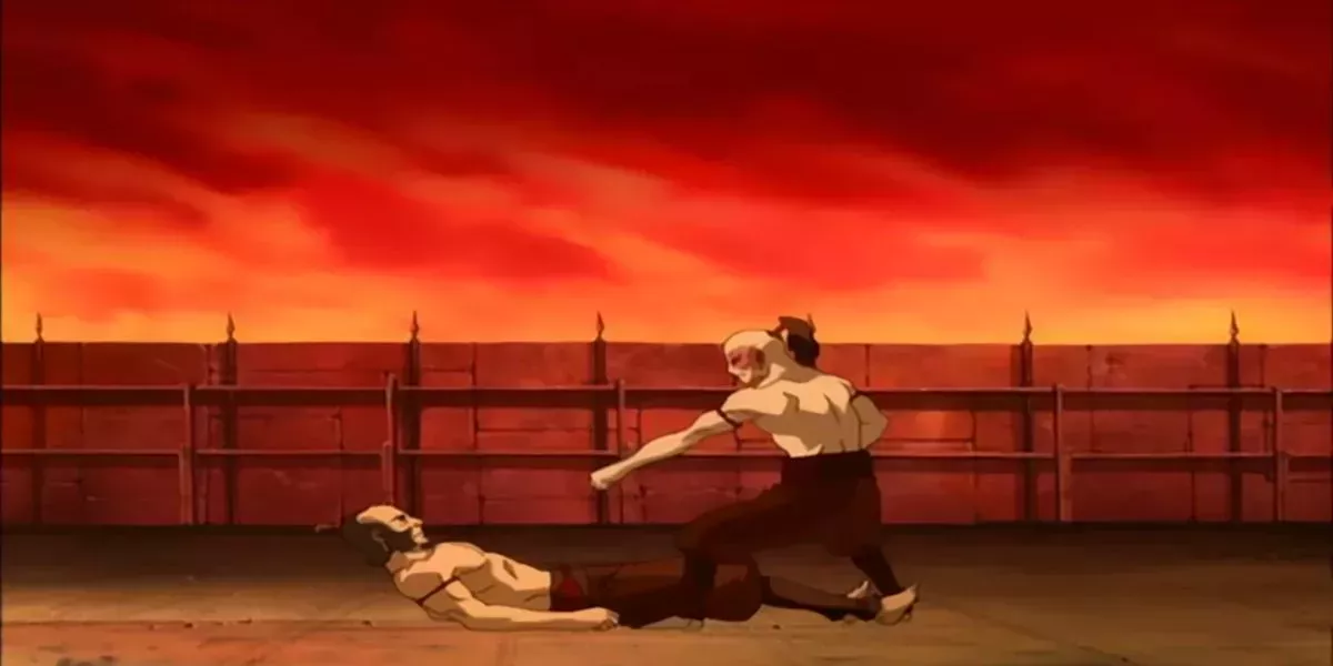Zuko aiming his fist at Zhao after defeating him in an Agni Kai - Avatar: The Last Airbender