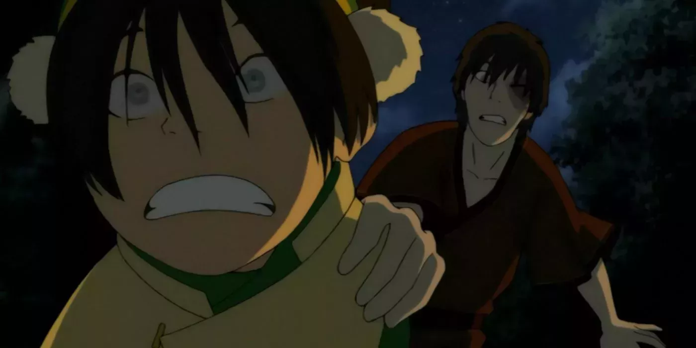 Zuko trying to pull back a frightened Toph from Avatar: The Last Airbender. 
