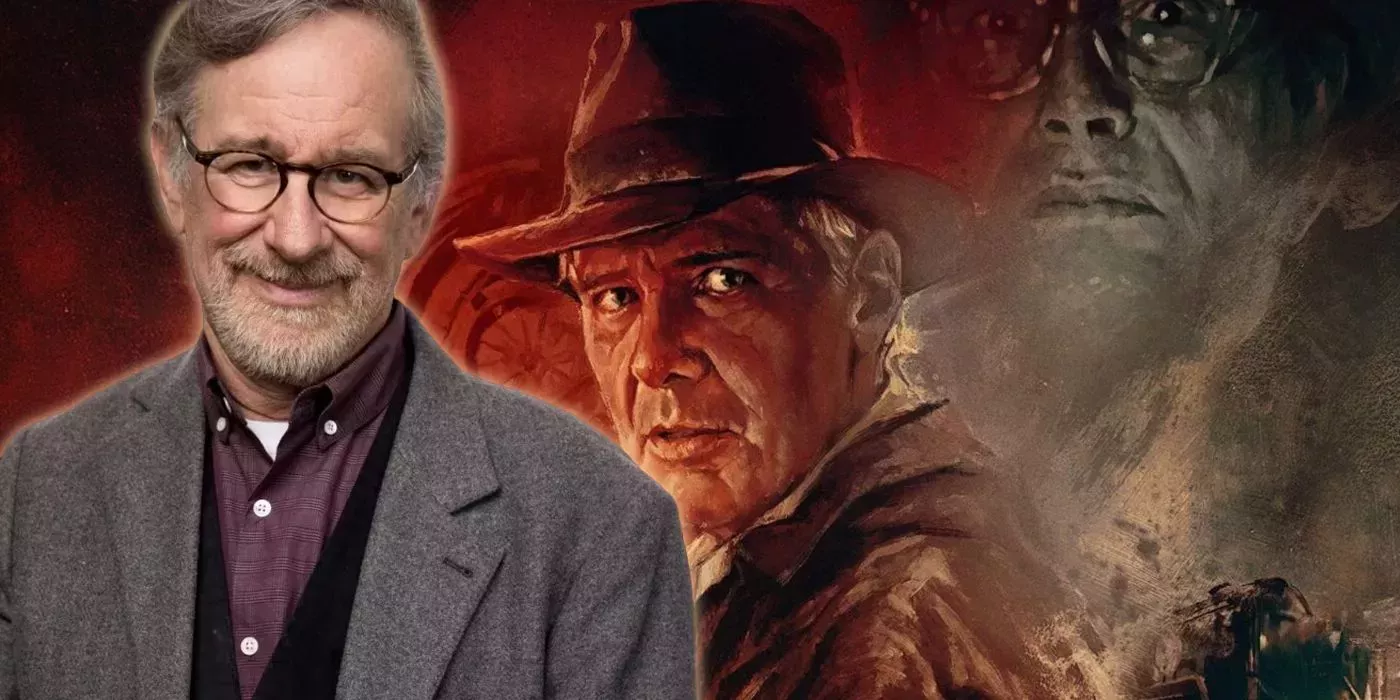 Steven Spielberg in front of Indiana Jones 5 poster