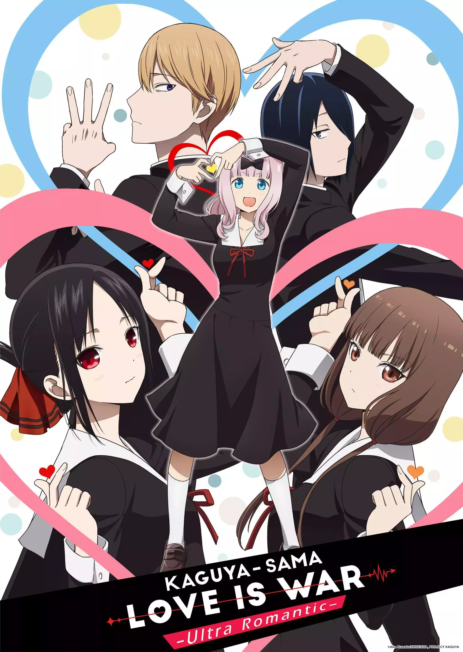 Kaguya-sama surrounded by posing cast of characters in Love Is War Anime Poster