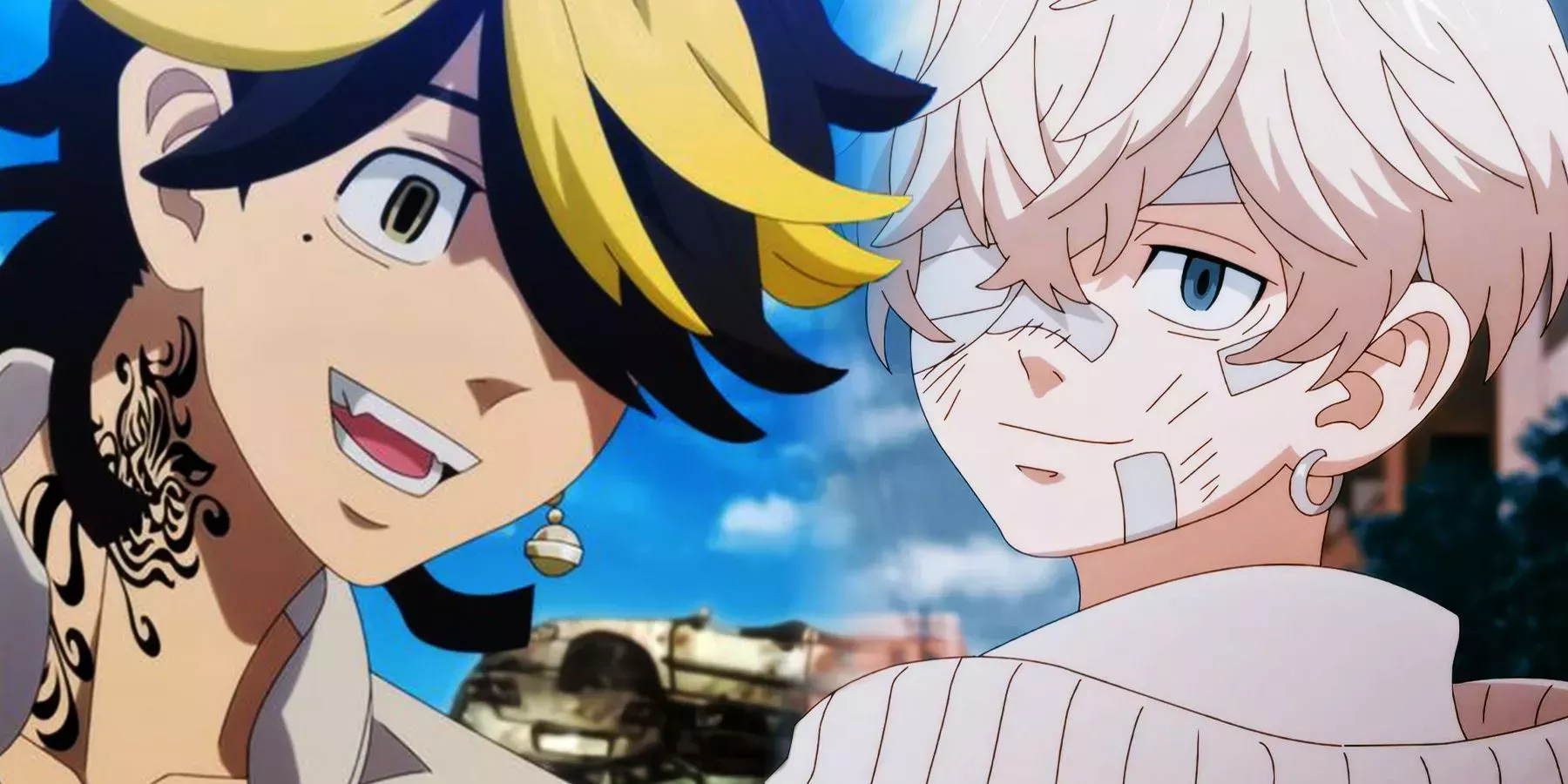 On the left Kazutora Hanemiya smiles enthusiastically with mouth open. On the right, a young Chifuyu Matsuno looks over his shoulder with a slight smile and a bandaged face.