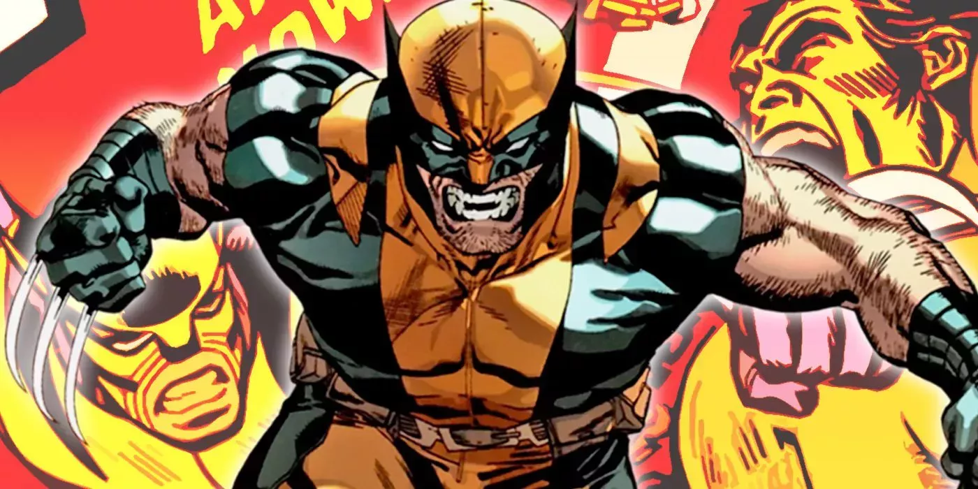 Wolverine snarling at the viewer with his first comic appearance in the background