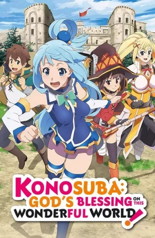 Cast of Konosuba God's Wonderful Blessing On This World posing on anime cover art